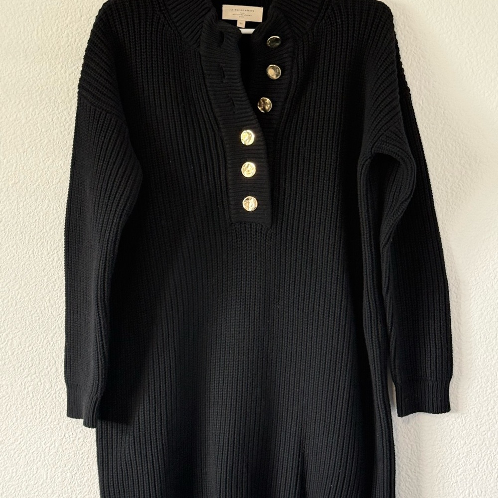 Sezane Black Long Sleeve Dress with Gold Buttons S1 - Picture 7 of 16